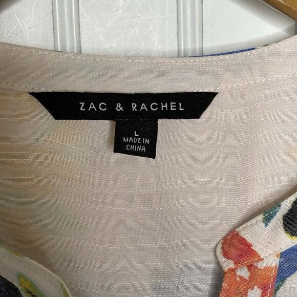 Zac & Rachel Tunic Top Womens L Pink Blue Floral 100% Cotton Button Cuff Boho - Picture 7 of 12